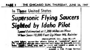 Página 2 del Chicago Sun, 26 de Junio de 1947, donde se incluye la primera referencia al término Platillo Volante. 